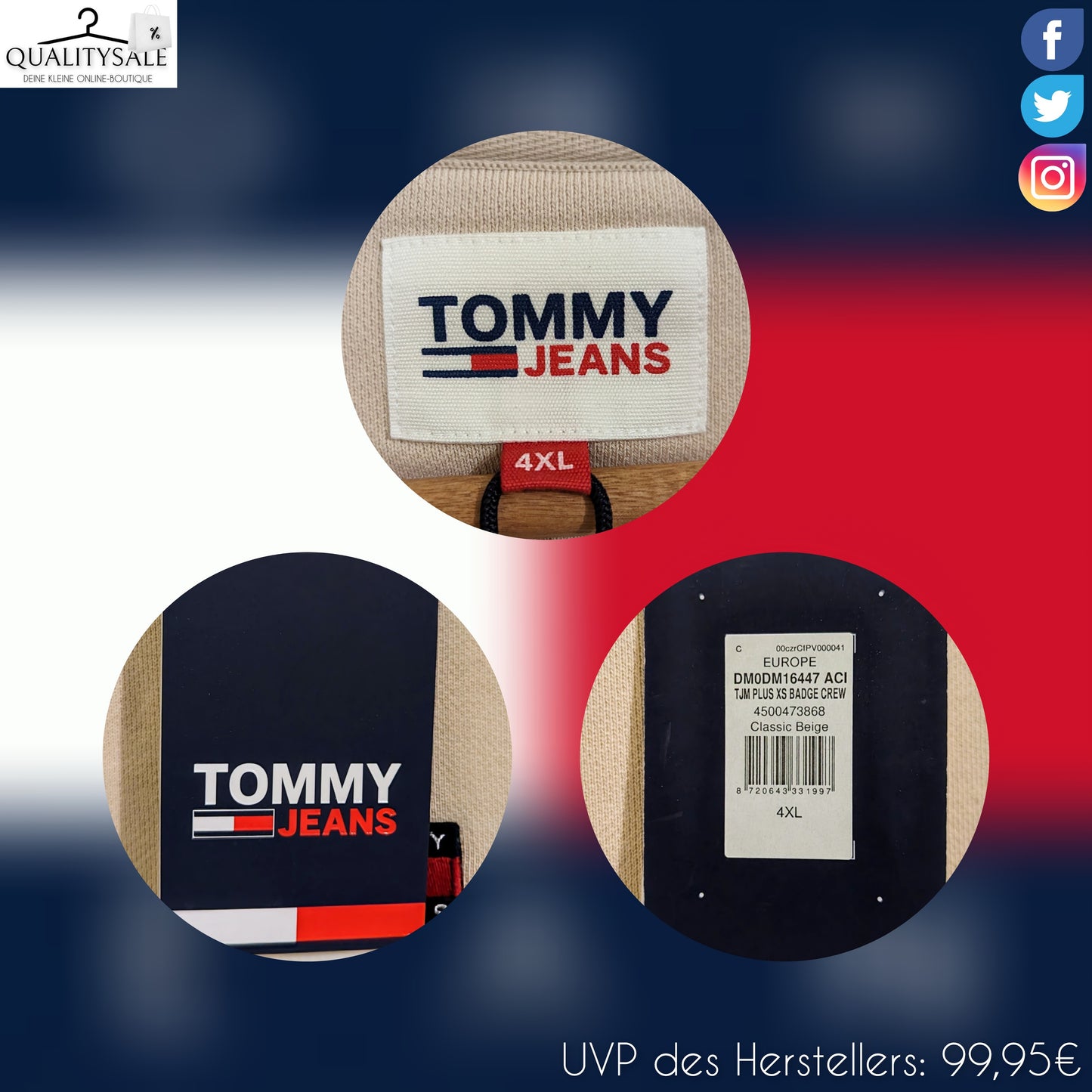 TOMMY JEANS Herren Sweatshirt Gr. 4XL oder 5XL Plus Size