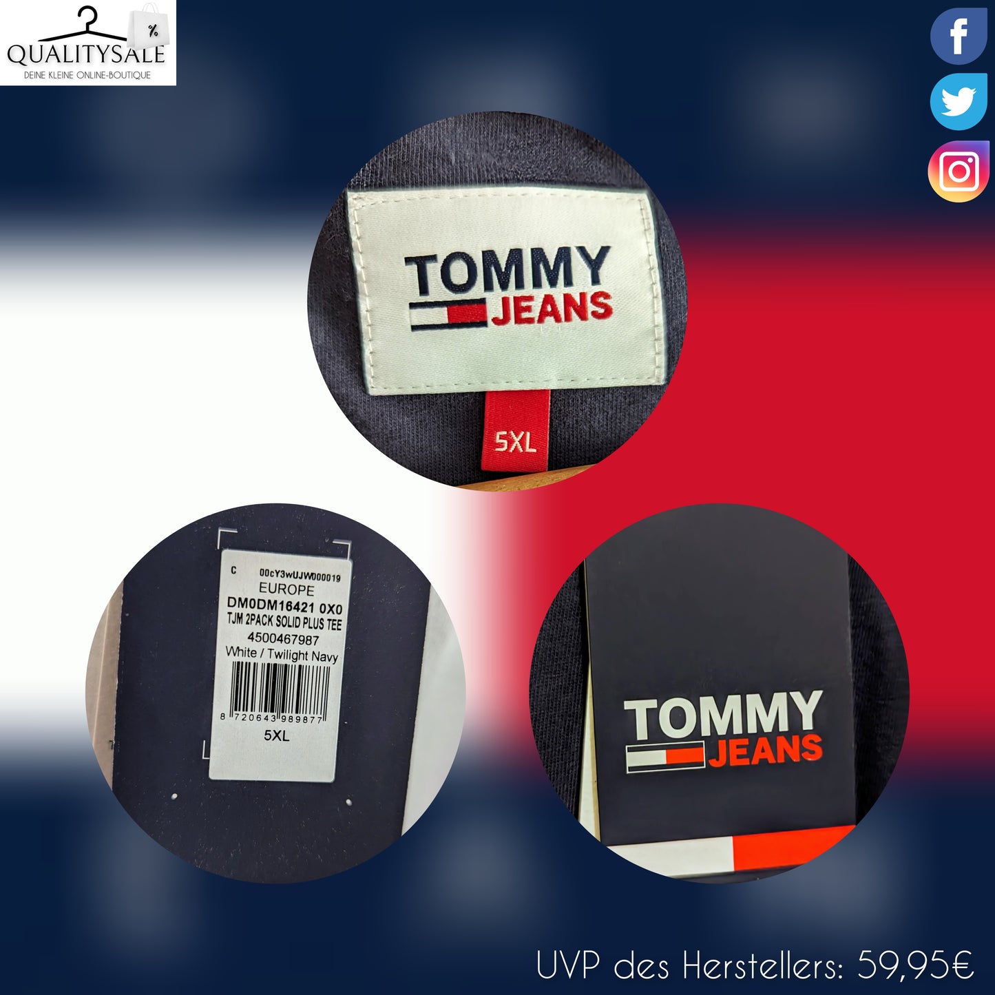 TOMMY JEANS Herren T-Shirt 2-Pack Weiß+Navy Gr. 5XL Plus Size