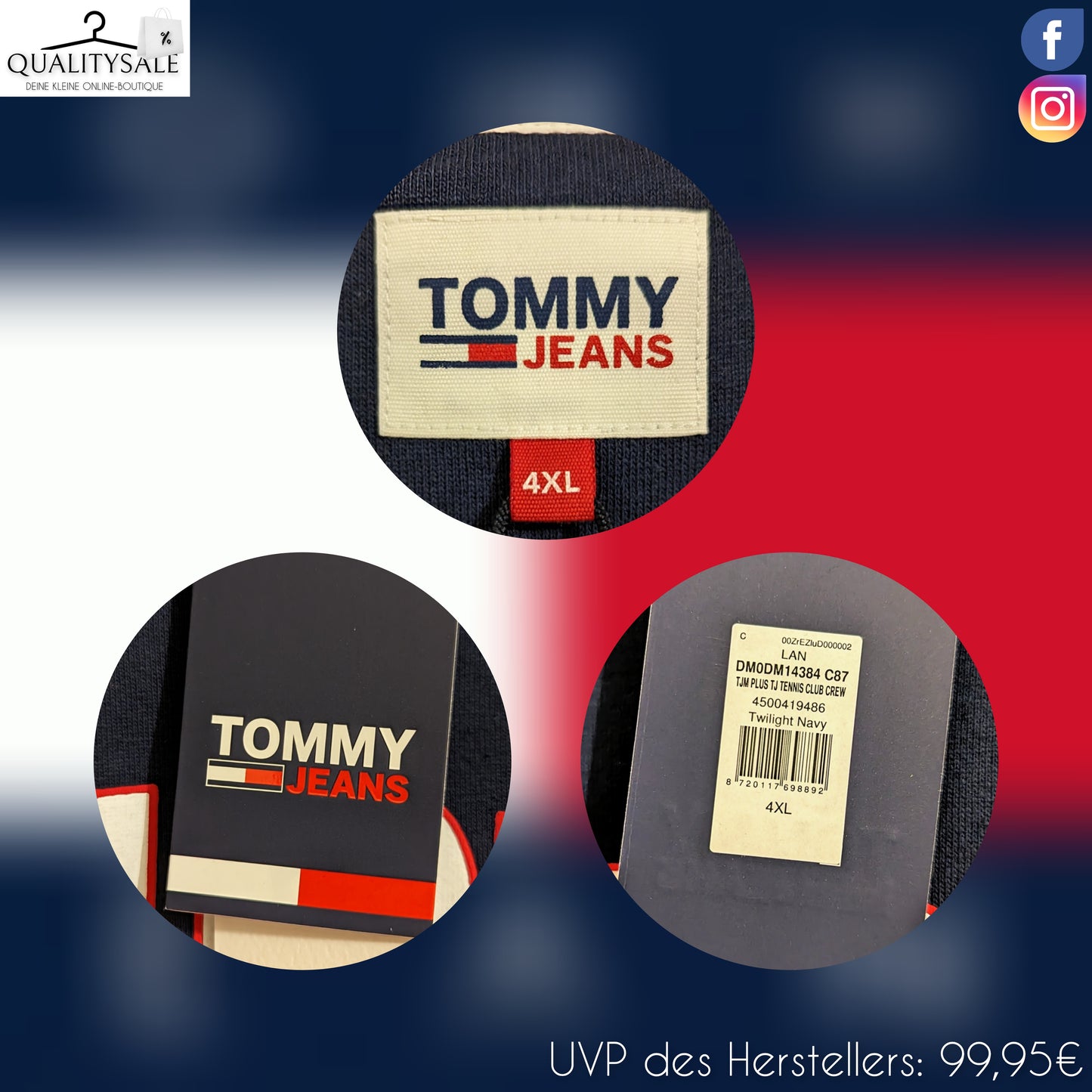 TOMMY JEANS Herren Sweatshirt Gr. 4XL oder 5XL Plus Size